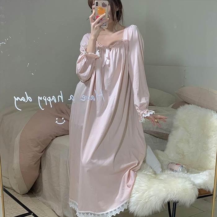 ルームウェア レディース ネグリジェ 部屋着 寝巻き ナイトウェア ロングスカート ロング丈 ロング 袖あり 長袖  襟なし スクエアネック デコルテ ストレート |  | 06