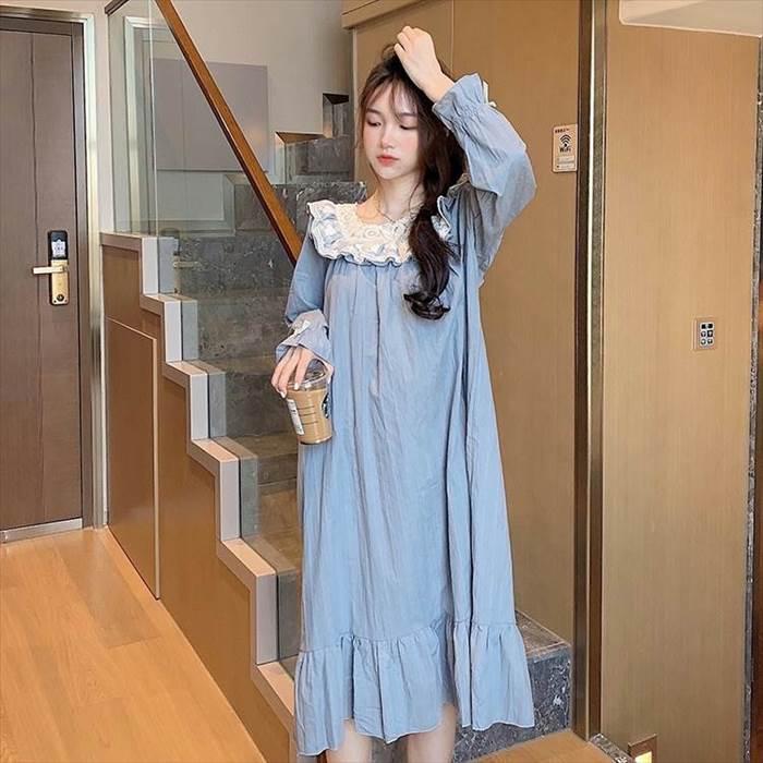 ルームウェア レディース セットアップ 部屋着 寝巻き ナイトウェア  袖あり 長袖 ボリューム袖 襟なし ギャザー シャーリング ストライプ レース フリル | 