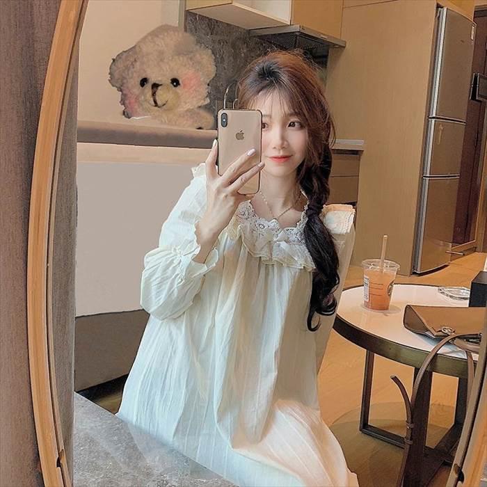 ルームウェア レディース セットアップ 部屋着 寝巻き ナイトウェア  袖あり 長袖 ボリューム袖 襟なし ギャザー シャーリング ストライプ レース フリル |  | 11