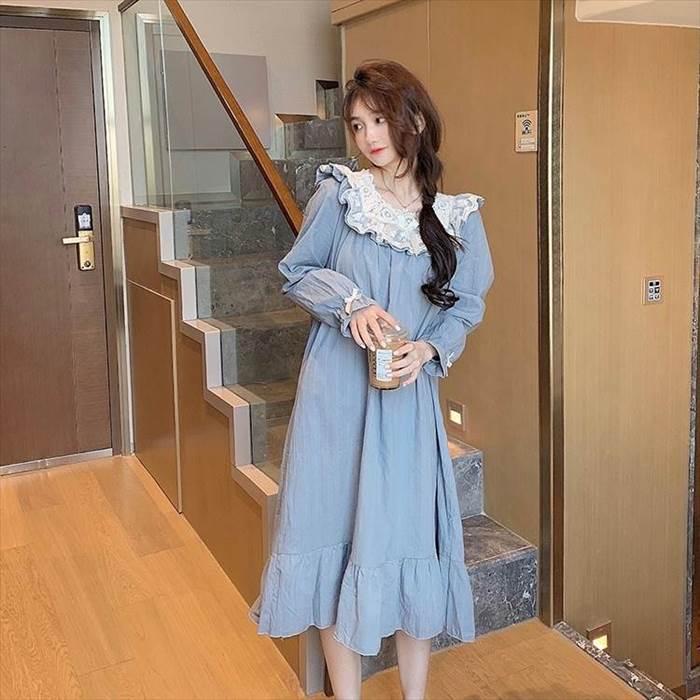 ルームウェア レディース セットアップ 部屋着 寝巻き ナイトウェア  袖あり 長袖 ボリューム袖 襟なし ギャザー シャーリング ストライプ レース フリル |  | 01