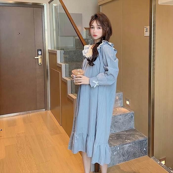 ルームウェア レディース セットアップ 部屋着 寝巻き ナイトウェア  袖あり 長袖 ボリューム袖 襟なし ギャザー シャーリング ストライプ レース フリル |  | 02