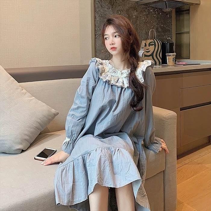 ルームウェア レディース セットアップ 部屋着 寝巻き ナイトウェア  袖あり 長袖 ボリューム袖 襟なし ギャザー シャーリング ストライプ レース フリル |  | 03