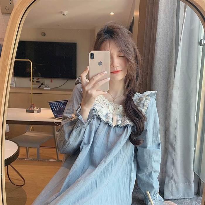 ルームウェア レディース セットアップ 部屋着 寝巻き ナイトウェア  袖あり 長袖 ボリューム袖 襟なし ギャザー シャーリング ストライプ レース フリル |  | 05