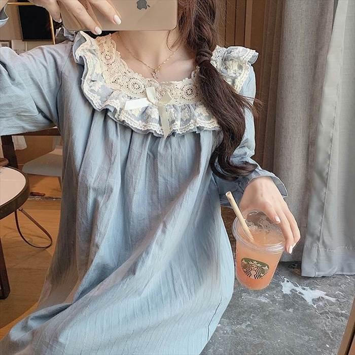 ルームウェア レディース セットアップ 部屋着 寝巻き ナイトウェア  袖あり 長袖 ボリューム袖 襟なし ギャザー シャーリング ストライプ レース フリル |  | 06