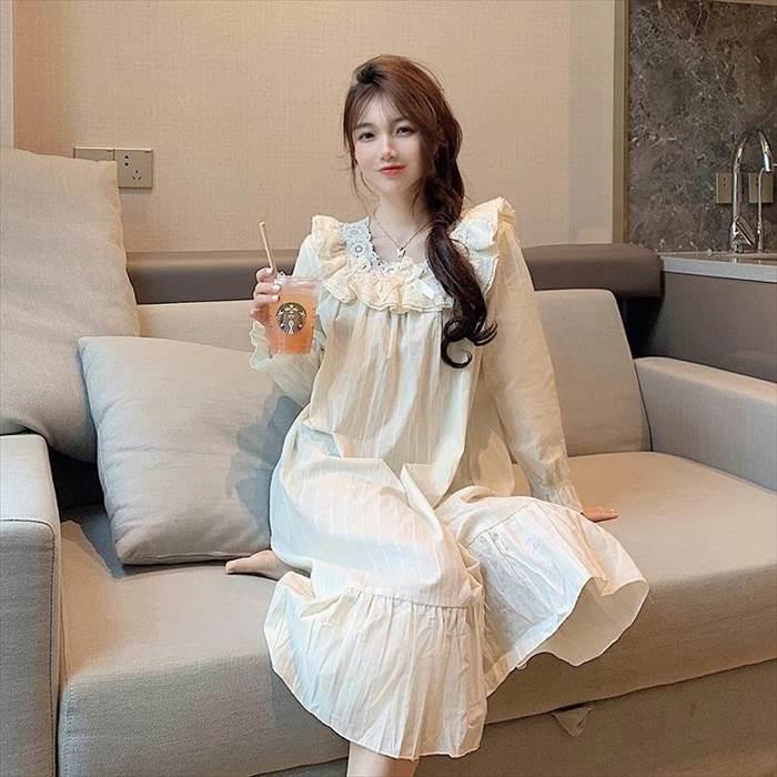 ルームウェア レディース セットアップ 部屋着 寝巻き ナイトウェア  袖あり 長袖 ボリューム袖 襟なし ギャザー シャーリング ストライプ レース フリル |  | 07