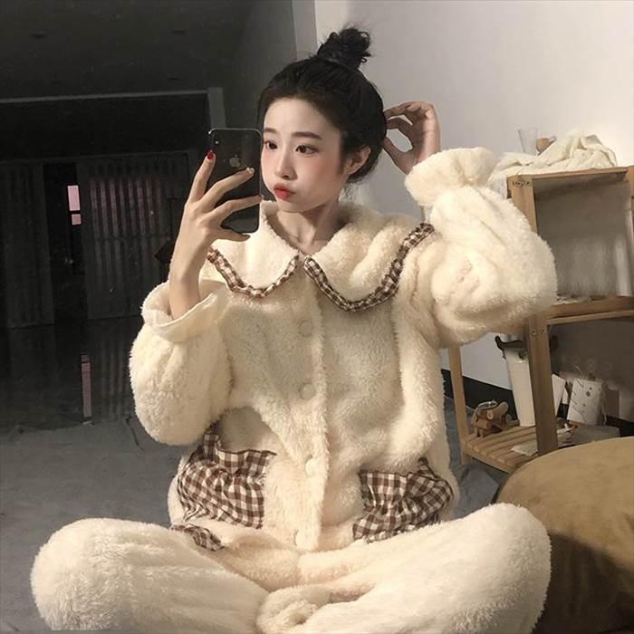 セットアップ レディース ルームウェア 部屋着 寝間着 パジャマ 袖あり 長袖  襟付き 丸襟 ビッグカラー ポケット ボタン ボタンダウン 前開き 厚手 | 