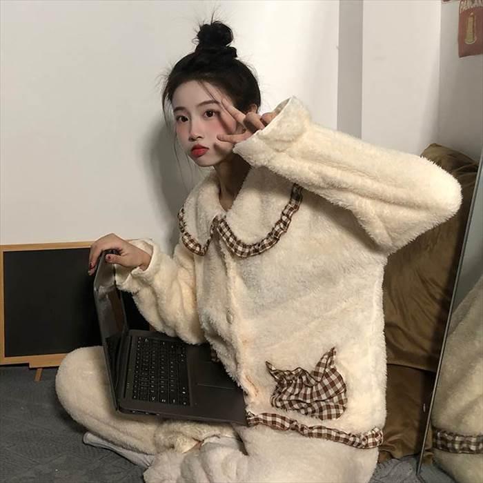 セットアップ レディース ルームウェア 部屋着 寝間着 パジャマ 袖あり 長袖  襟付き 丸襟 ビッグカラー ポケット ボタン ボタンダウン 前開き 厚手 |  | 11