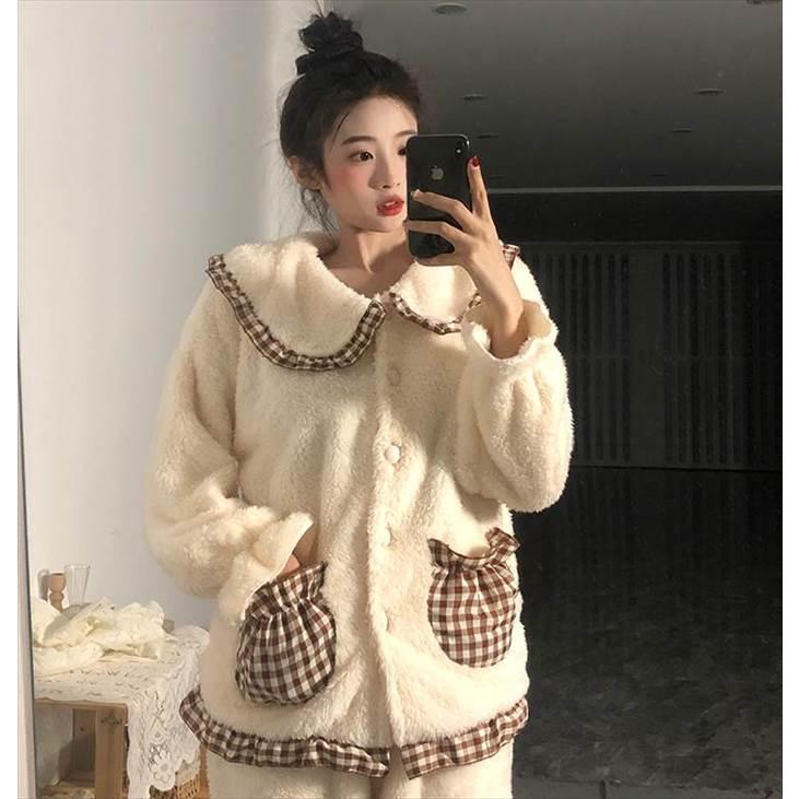 セットアップ レディース ルームウェア 部屋着 寝間着 パジャマ 袖あり 長袖  襟付き 丸襟 ビッグカラー ポケット ボタン ボタンダウン 前開き 厚手 |  | 12