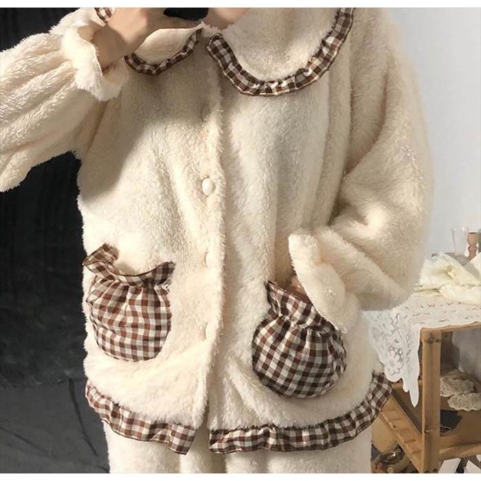 セットアップ レディース ルームウェア 部屋着 寝間着 パジャマ 袖あり 長袖  襟付き 丸襟 ビッグカラー ポケット ボタン ボタンダウン 前開き 厚手 |  | 13