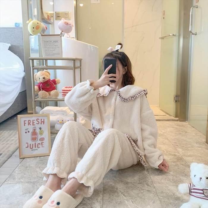 セットアップ レディース ルームウェア 部屋着 寝間着 パジャマ 袖あり 長袖  襟付き 丸襟 ビッグカラー ポケット ボタン ボタンダウン 前開き 厚手 |  | 14