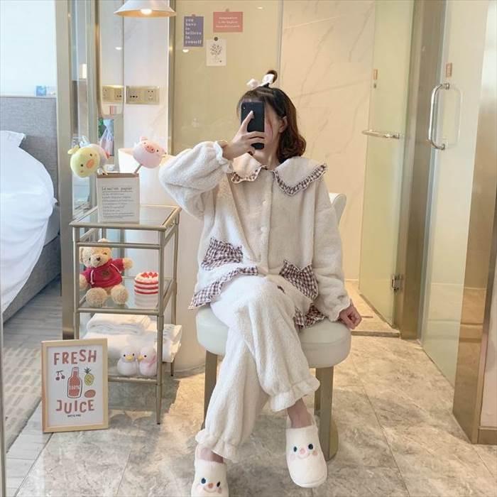 セットアップ レディース ルームウェア 部屋着 寝間着 パジャマ 袖あり 長袖  襟付き 丸襟 ビッグカラー ポケット ボタン ボタンダウン 前開き 厚手 |  | 15