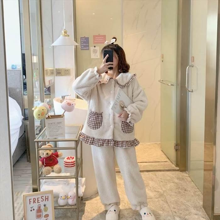 セットアップ レディース ルームウェア 部屋着 寝間着 パジャマ 袖あり 長袖  襟付き 丸襟 ビッグカラー ポケット ボタン ボタンダウン 前開き 厚手 |  | 16