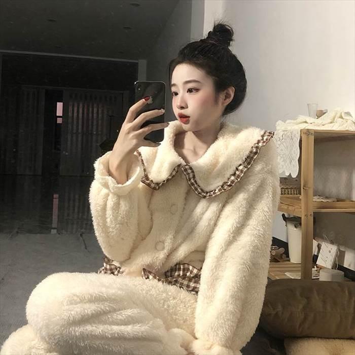 セットアップ レディース ルームウェア 部屋着 寝間着 パジャマ 袖あり 長袖  襟付き 丸襟 ビッグカラー ポケット ボタン ボタンダウン 前開き 厚手 |  | 01