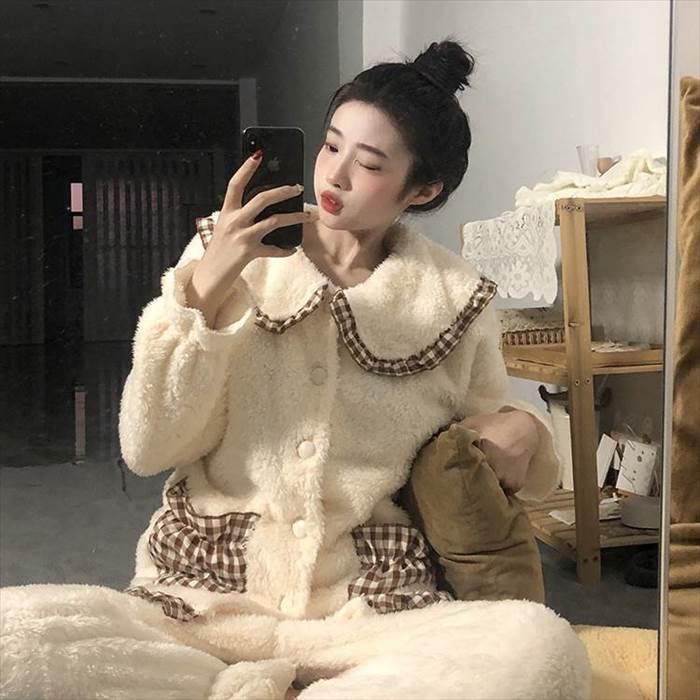 セットアップ レディース ルームウェア 部屋着 寝間着 パジャマ 袖あり 長袖  襟付き 丸襟 ビッグカラー ポケット ボタン ボタンダウン 前開き 厚手 |  | 03