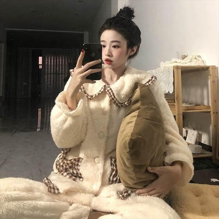 セットアップ レディース ルームウェア 部屋着 寝間着 パジャマ 袖あり 長袖  襟付き 丸襟 ビッグカラー ポケット ボタン ボタンダウン 前開き 厚手 |  | 04