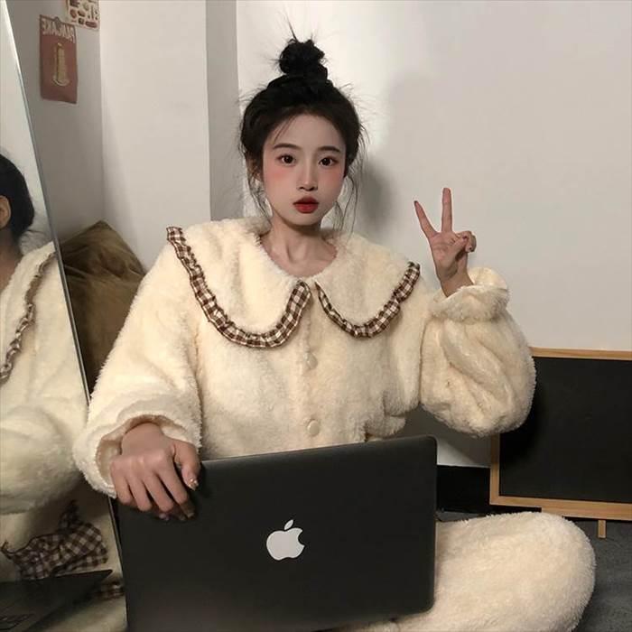 セットアップ レディース ルームウェア 部屋着 寝間着 パジャマ 袖あり 長袖  襟付き 丸襟 ビッグカラー ポケット ボタン ボタンダウン 前開き 厚手 |  | 05