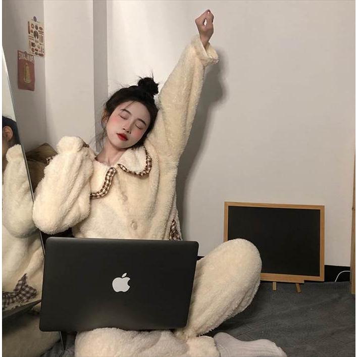 セットアップ レディース ルームウェア 部屋着 寝間着 パジャマ 袖あり 長袖  襟付き 丸襟 ビッグカラー ポケット ボタン ボタンダウン 前開き 厚手 |  | 06