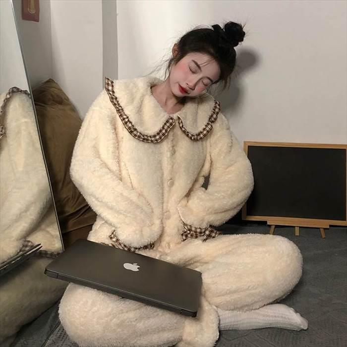 セットアップ レディース ルームウェア 部屋着 寝間着 パジャマ 袖あり 長袖  襟付き 丸襟 ビッグカラー ポケット ボタン ボタンダウン 前開き 厚手 |  | 07