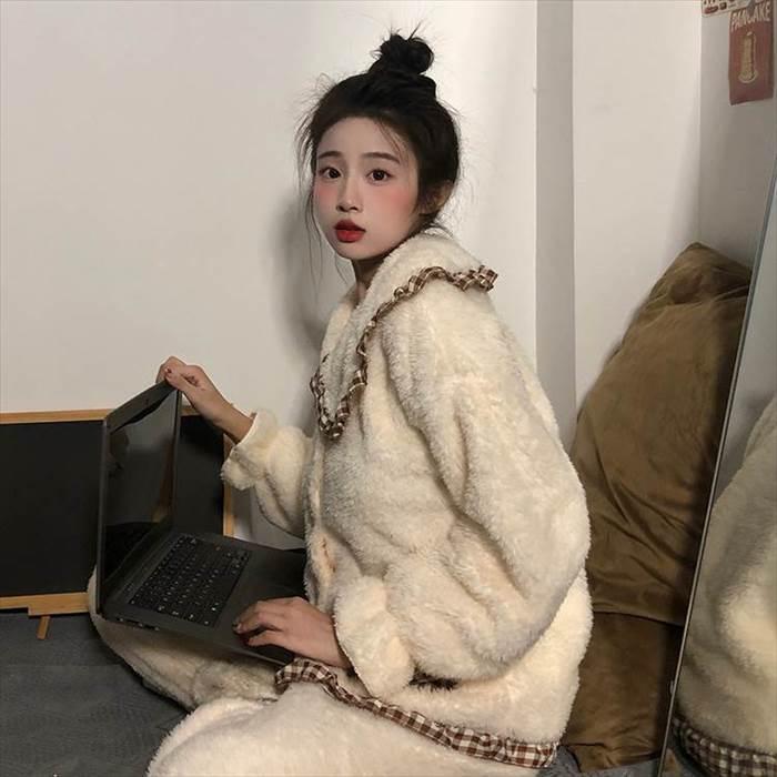 セットアップ レディース ルームウェア 部屋着 寝間着 パジャマ 袖あり 長袖  襟付き 丸襟 ビッグカラー ポケット ボタン ボタンダウン 前開き 厚手 |  | 08