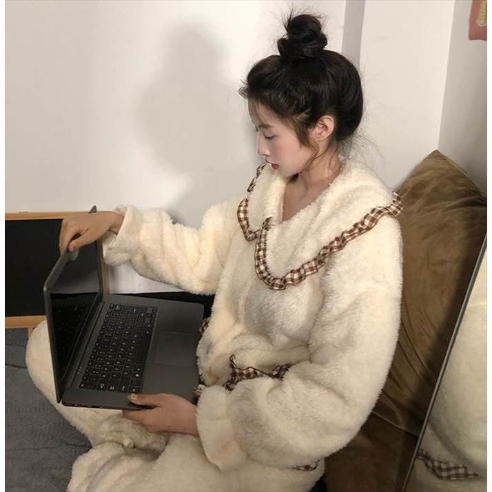 セットアップ レディース ルームウェア 部屋着 寝間着 パジャマ 袖あり 長袖  襟付き 丸襟 ビッグカラー ポケット ボタン ボタンダウン 前開き 厚手 |  | 09