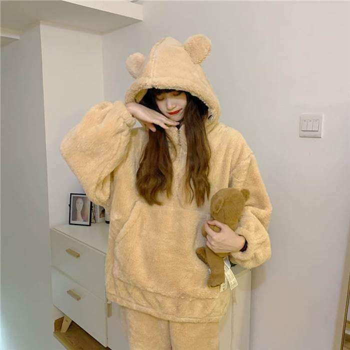 セットアップ レディース ルームウェア 部屋着 ナイトウェア 着ぐるみ 袖あり 長袖 襟なし フード付き くま耳 ポケット もこもこ モコモコ ふわふわ |  | 01