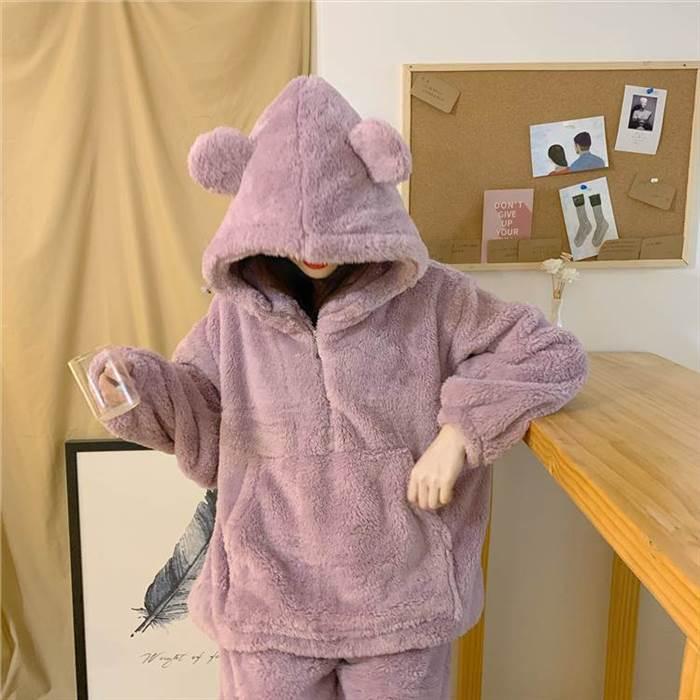 セットアップ レディース ルームウェア 部屋着 ナイトウェア 着ぐるみ 袖あり 長袖 襟なし フード付き くま耳 ポケット もこもこ モコモコ ふわふわ |  | 02