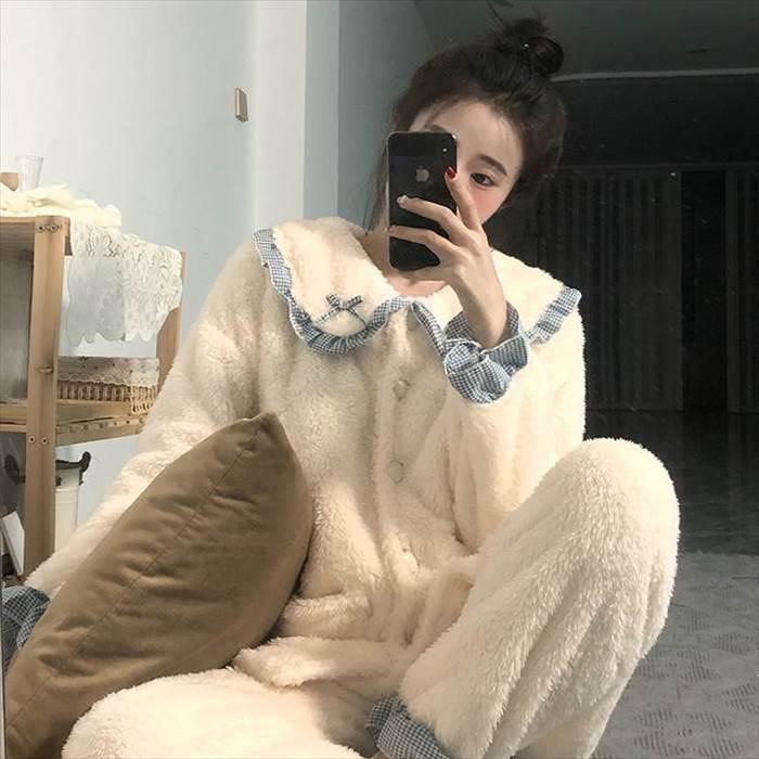 パジャマ上下 乙女系 長袖 レディース フリル付き襟 上下セット 丸襟 ふんわり ふわもこ 前ポケット付き リボン付き 前ボタン 女の子っぽい 姫系 |  | 11