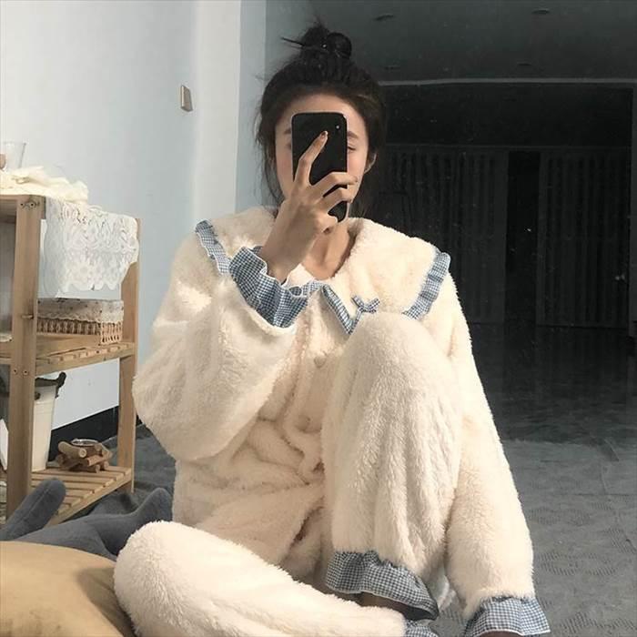 パジャマ上下 乙女系 長袖 レディース フリル付き襟 上下セット 丸襟 ふんわり ふわもこ 前ポケット付き リボン付き 前ボタン 女の子っぽい 姫系 |  | 12