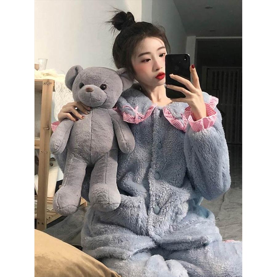 パジャマ上下 乙女系 長袖 レディース フリル付き襟 上下セット 丸襟 ふんわり ふわもこ 前ポケット付き リボン付き 前ボタン 女の子っぽい 姫系 |  | 03