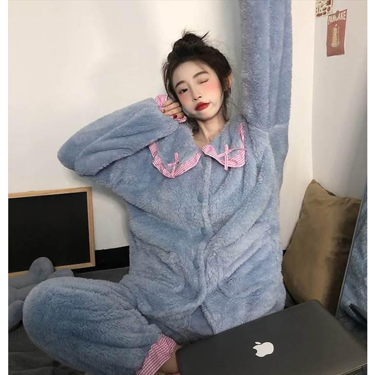 パジャマ上下 乙女系 長袖 レディース フリル付き襟 上下セット 丸襟 ふんわり ふわもこ 前ポケット付き リボン付き 前ボタン 女の子っぽい 姫系 |  | 04