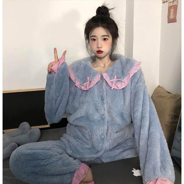 パジャマ上下 乙女系 長袖 レディース フリル付き襟 上下セット 丸襟 ふんわり ふわもこ 前ポケット付き リボン付き 前ボタン 女の子っぽい 姫系 |  | 05