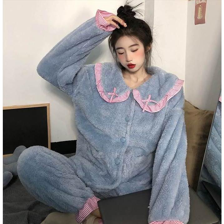 パジャマ上下 乙女系 長袖 レディース フリル付き襟 上下セット 丸襟 ふんわり ふわもこ 前ポケット付き リボン付き 前ボタン 女の子っぽい 姫系 |  | 07