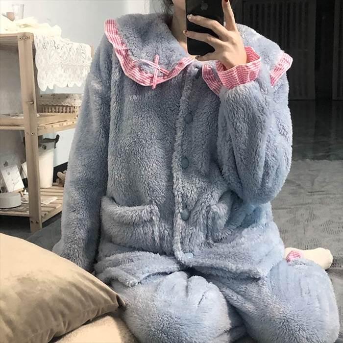 パジャマ上下 乙女系 長袖 レディース フリル付き襟 上下セット 丸襟 ふんわり ふわもこ 前ポケット付き リボン付き 前ボタン 女の子っぽい 姫系 |  | 08