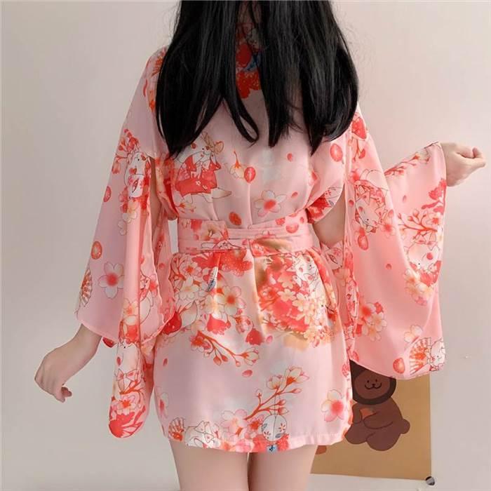 浴衣風パジャマ バスローブ ガウン レディースナイトウエア 桜柄 ピンク 和風 日本風 プリント柄 アジアン 夏スタイル 短め丈 膝上丈 ウエストマーク |  | 10
