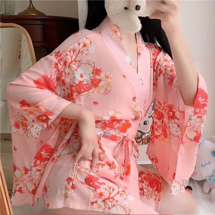 浴衣風パジャマ バスローブ ガウン レディースナイトウエア 桜柄 ピンク 和風 日本風 プリント柄 アジアン 夏スタイル 短め丈 膝上丈 ウエストマーク |  | 01