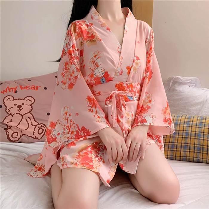 浴衣風パジャマ バスローブ ガウン レディースナイトウエア 桜柄 ピンク 和風 日本風 プリント柄 アジアン 夏スタイル 短め丈 膝上丈 ウエストマーク |  | 03