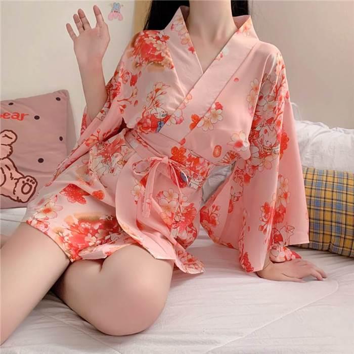 浴衣風パジャマ バスローブ ガウン レディースナイトウエア 桜柄 ピンク 和風 日本風 プリント柄 アジアン 夏スタイル 短め丈 膝上丈 ウエストマーク |  | 06