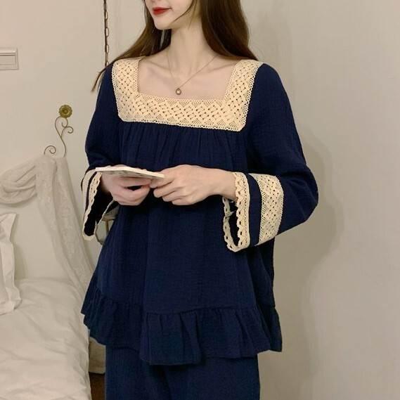 パジャマ 部屋着 上下セット 長ズボン トップス レース スクエアネック フリル ワンサイズ ピンク ネイビー ゆったり ラクチン 収縮性 かわいい お家時間 |  | 12