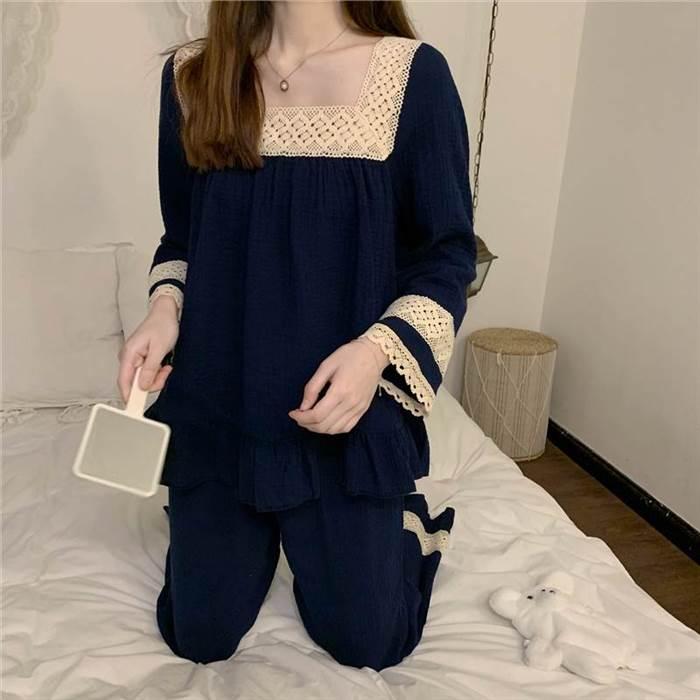 パジャマ 部屋着 上下セット 長ズボン トップス レース スクエアネック フリル ワンサイズ ピンク ネイビー ゆったり ラクチン 収縮性 かわいい お家時間 |  | 14