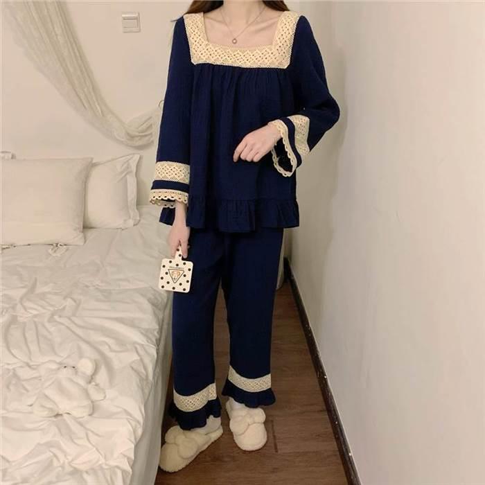 パジャマ 部屋着 上下セット 長ズボン トップス レース スクエアネック フリル ワンサイズ ピンク ネイビー ゆったり ラクチン 収縮性 かわいい お家時間 |  | 18