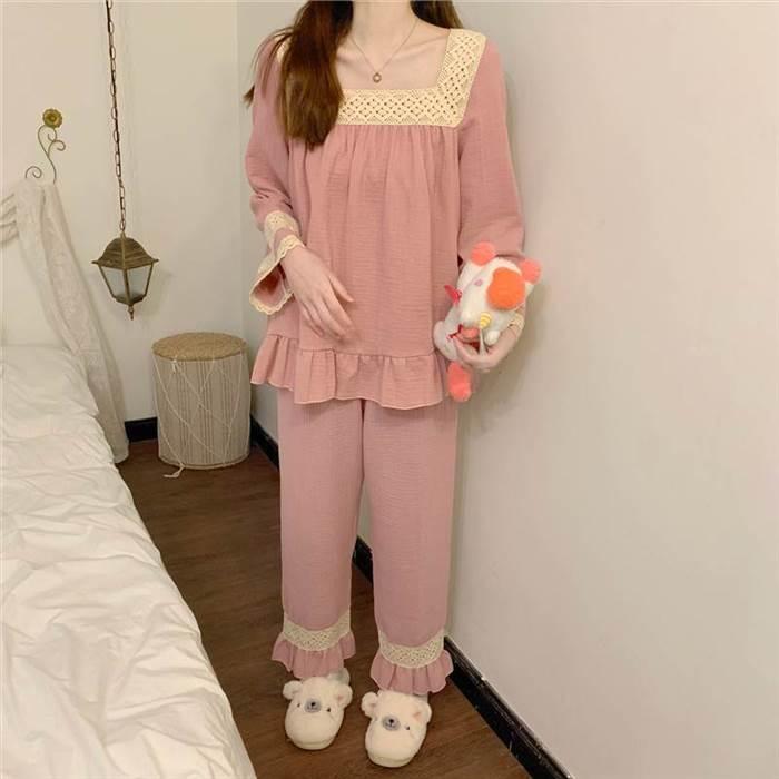 パジャマ 部屋着 上下セット 長ズボン トップス レース スクエアネック フリル ワンサイズ ピンク ネイビー ゆったり ラクチン 収縮性 かわいい お家時間 |  | 01