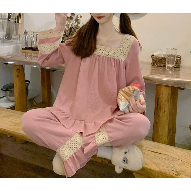 パジャマ 部屋着 上下セット 長ズボン トップス レース スクエアネック フリル ワンサイズ ピンク ネイビー ゆったり ラクチン 収縮性 かわいい お家時間 |  | 04