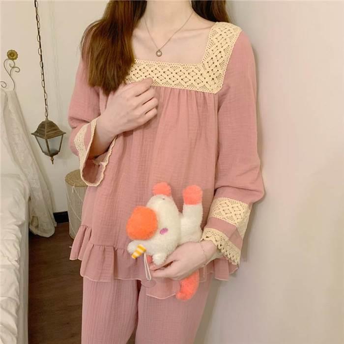 パジャマ 部屋着 上下セット 長ズボン トップス レース スクエアネック フリル ワンサイズ ピンク ネイビー ゆったり ラクチン 収縮性 かわいい お家時間 |  | 06