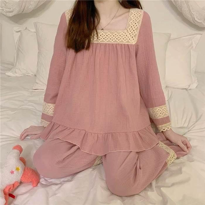 パジャマ 部屋着 上下セット 長ズボン トップス レース スクエアネック フリル ワンサイズ ピンク ネイビー ゆったり ラクチン 収縮性 かわいい お家時間 |  | 07