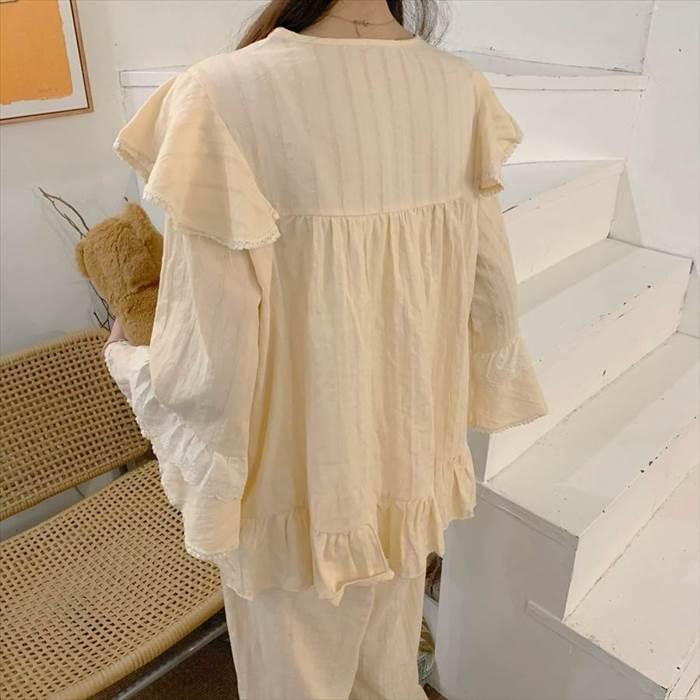 ルームウェア レディース セットアップ 部屋着 寝巻き ナイトウェア 袖あり 長袖 Vネック 襟なし ワイド ギャザー レース フリル リボン 上下セット ふんわり |  | 11