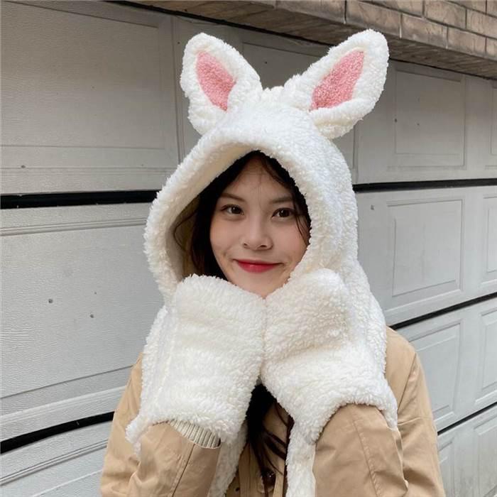 うさみみ アニマル もこもこ マフラー レディース 帽子 フード 手袋 2way 3way 着ぐるみ コスプレ モコモコ ふわふわ ふんわり パステルカラー 白 | 
