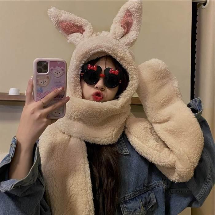 うさみみ アニマル もこもこ マフラー レディース 帽子 フード 手袋 2way 3way 着ぐるみ コスプレ モコモコ ふわふわ ふんわり パステルカラー 白 |  | 03