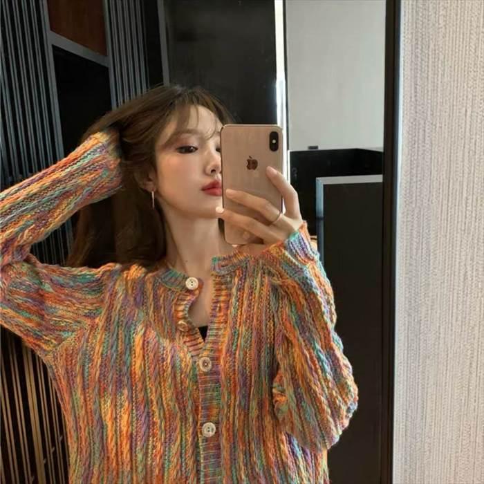 トップス レディースニット カーディガン クルーネック かすり糸 ボタン 長袖 ４サイズ マルチカラー 秋 冬 カジュアル ラフ ルーズ ゆる |  | 05