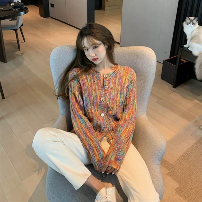 トップス レディースニット カーディガン クルーネック かすり糸 ボタン 長袖 ４サイズ マルチカラー 秋 冬 カジュアル ラフ ルーズ ゆる |  | 08