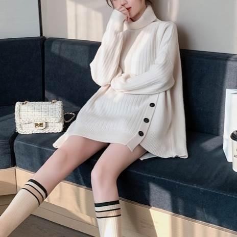 トップス レディース ニット チュニック プルオーバー タートルネック リブ サイドボタン ５サイズ サイズ豊富 ３カラー 秋 冬 カジュアル |  | 08